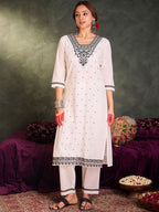 Indo Era Floral Embroidered Thread Work Pure Cotton Kurta With Trousers & Dupatta - Distacart