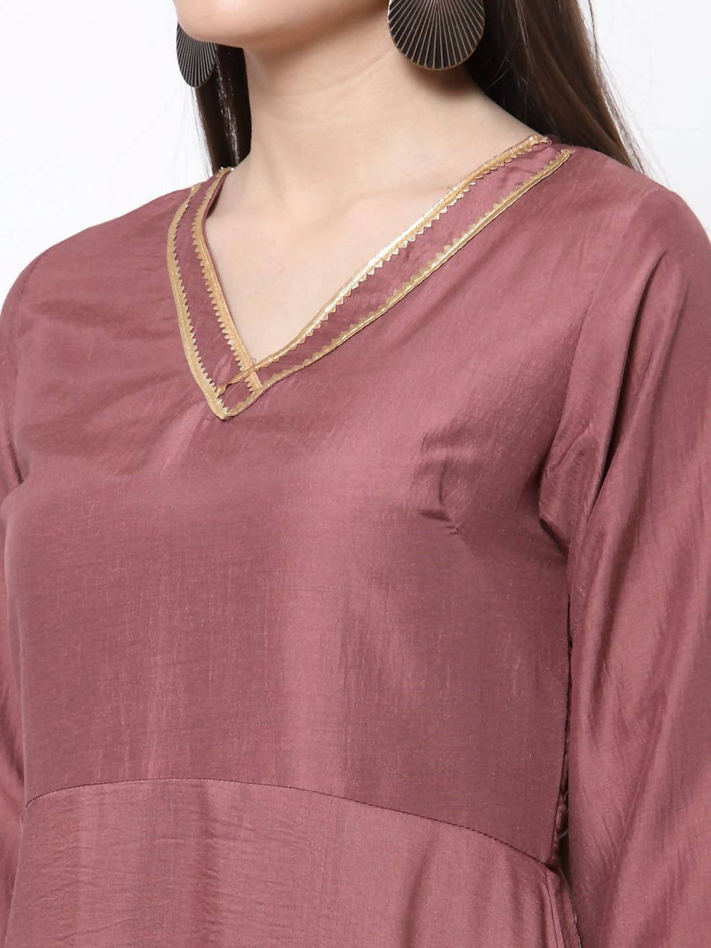 Myshka Women's Dark Pink Cotton Solid 3/4 Sleeve V Neck Casual Anarkali Kurta Dupatta Set