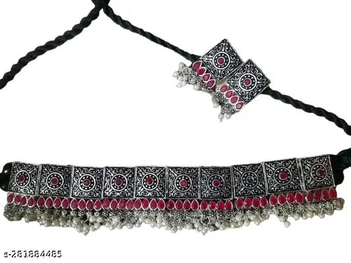 Tehzeeb Creations Women's Oxidised Necklace Set With White Pearl