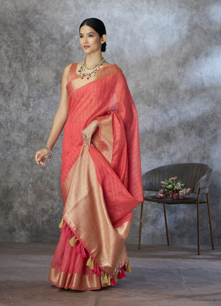 Anaita Red Cotton Silk Zari Woven Work Saree With Blouse Piece