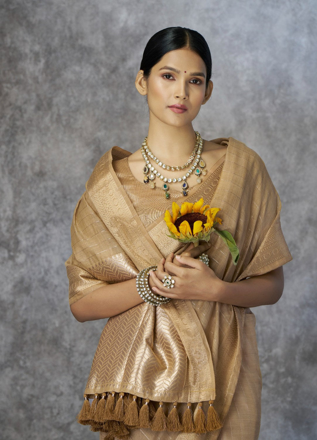 Anaita Dark Beige Cotton Silk Zari Woven Work Saree With Blouse Piece - Distacart