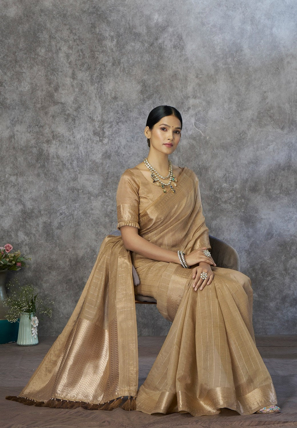 Anaita Dark Beige Cotton Silk Zari Woven Work Saree With Blouse Piece - Distacart