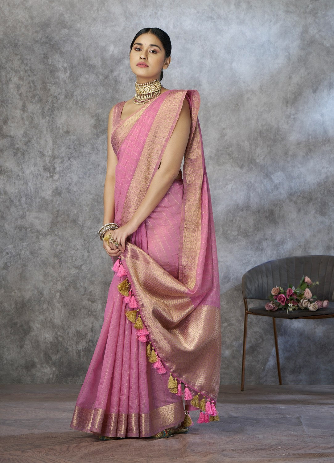 Anaita Pink Cotton Silk Zari Woven Work Saree With Blouse Piece - Distacart