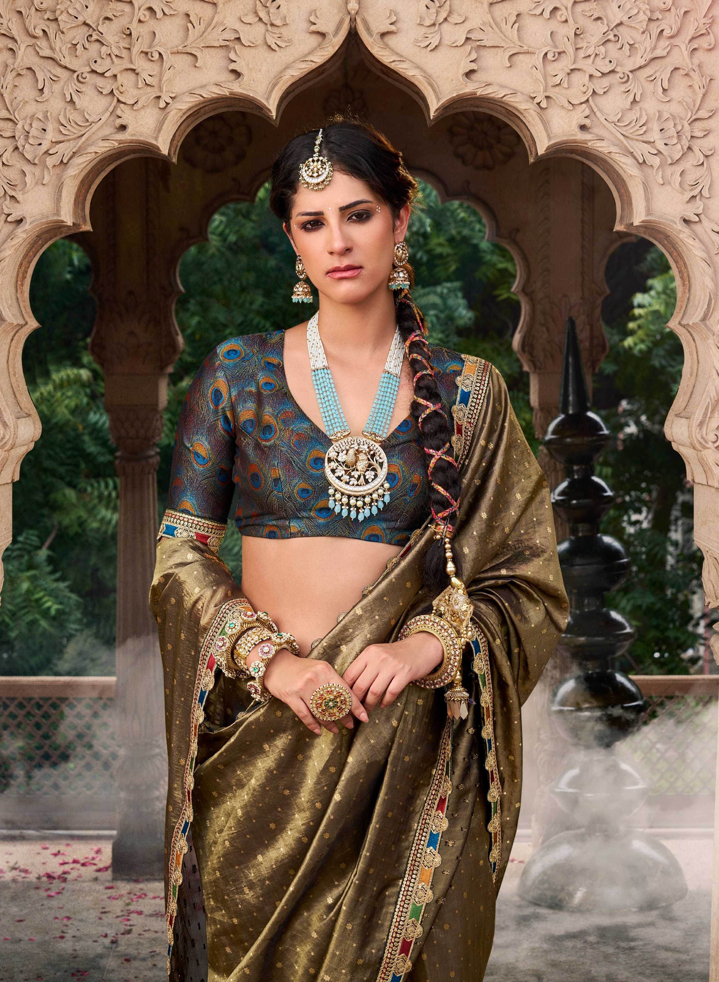 Anaita Designer Dark Mehendi Weaving Soft Tissue Silk Saree With Designer Blouse - Distacart