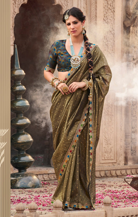 Anaita Designer Dark Mehendi Weaving Soft Tissue Silk Saree With Designer Blouse