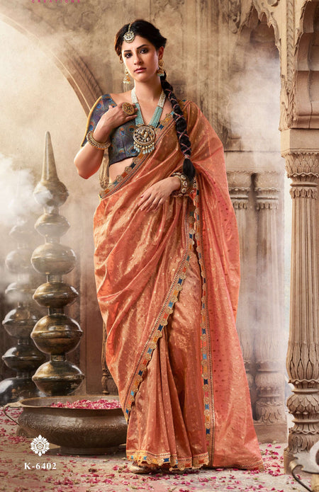 Anaita Designer Orange Weaving Soft Tissue Silk Saree With Designer Blouse