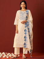 Indo Era Paisley Embroidered Thread Work Pure Cotton Kurta With Trousers And Dupatta - Distacart