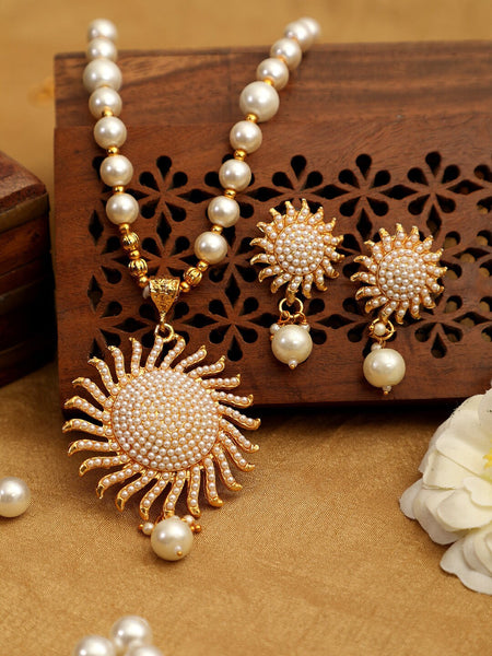 Gold-Polished Alloy Pearl Sun Shape Pendant Set - The Pari
