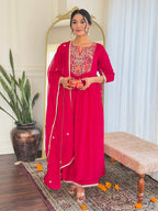 The52 Women's Red Thread work Vichitra Silk Fabric Straight Kurta, Pant and Dupatta Set - Distacart