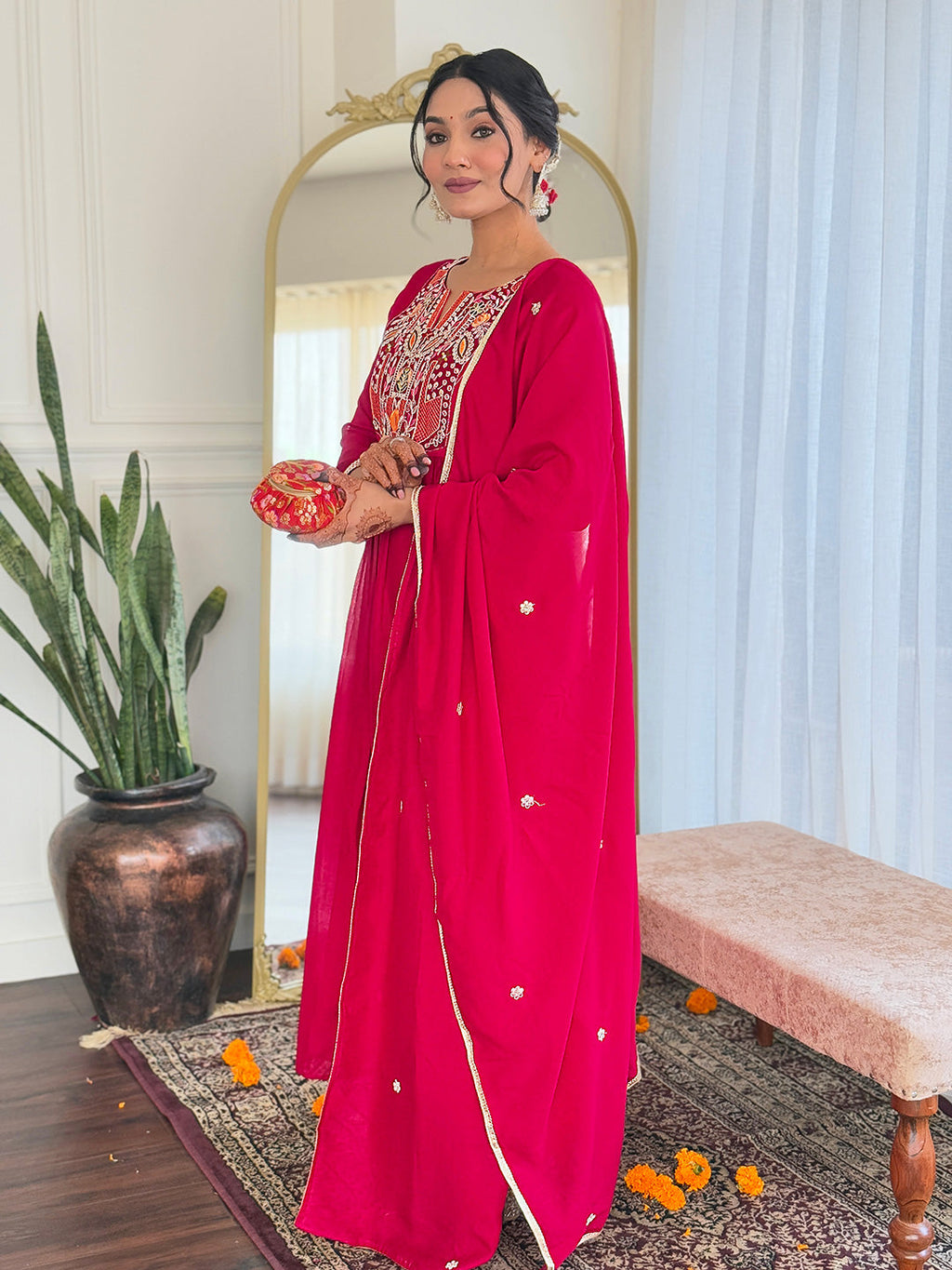 The52 Women's Red Thread work Vichitra Silk Fabric Straight Kurta, Pant and Dupatta Set - Distacart