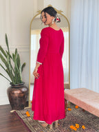 The52 Women's Red Thread work Vichitra Silk Fabric Straight Kurta, Pant and Dupatta Set - Distacart