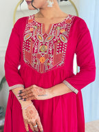 The52 Women's Red Thread work Vichitra Silk Fabric Straight Kurta, Pant and Dupatta Set - Distacart