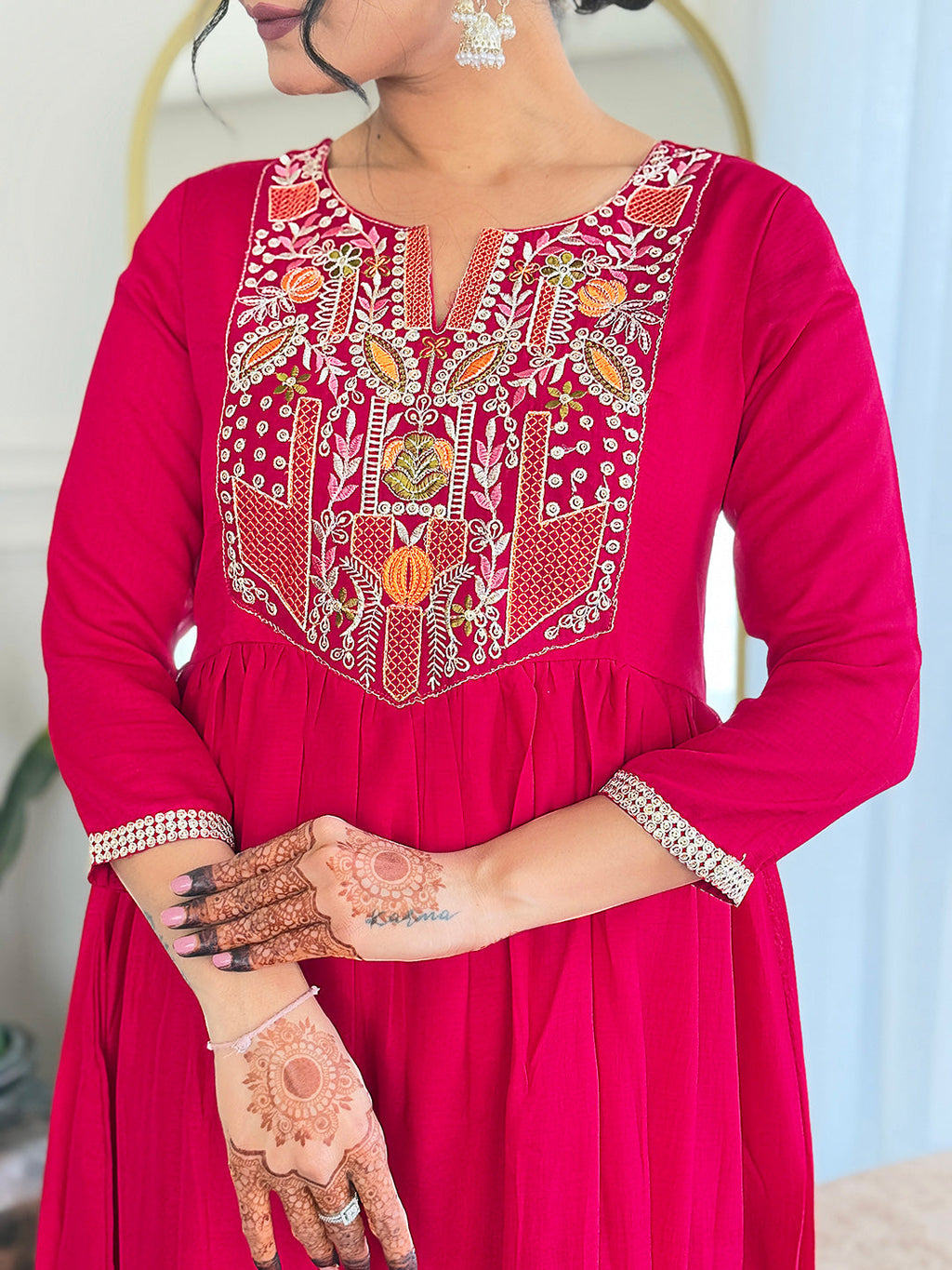 The52 Women's Red Thread work Vichitra Silk Fabric Straight Kurta, Pant and Dupatta Set - Distacart