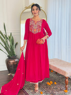 The52 Women's Red Thread work Vichitra Silk Fabric Straight Kurta, Pant and Dupatta Set - Distacart