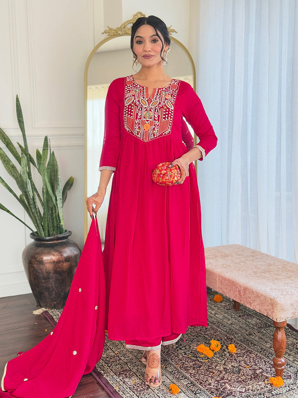 The52 Women's Red Thread work Vichitra Silk Fabric Straight Kurta, Pant and Dupatta Set - Distacart