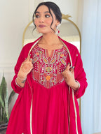 The52 Women's Red Thread work Vichitra Silk Fabric Straight Kurta, Pant and Dupatta Set - Distacart