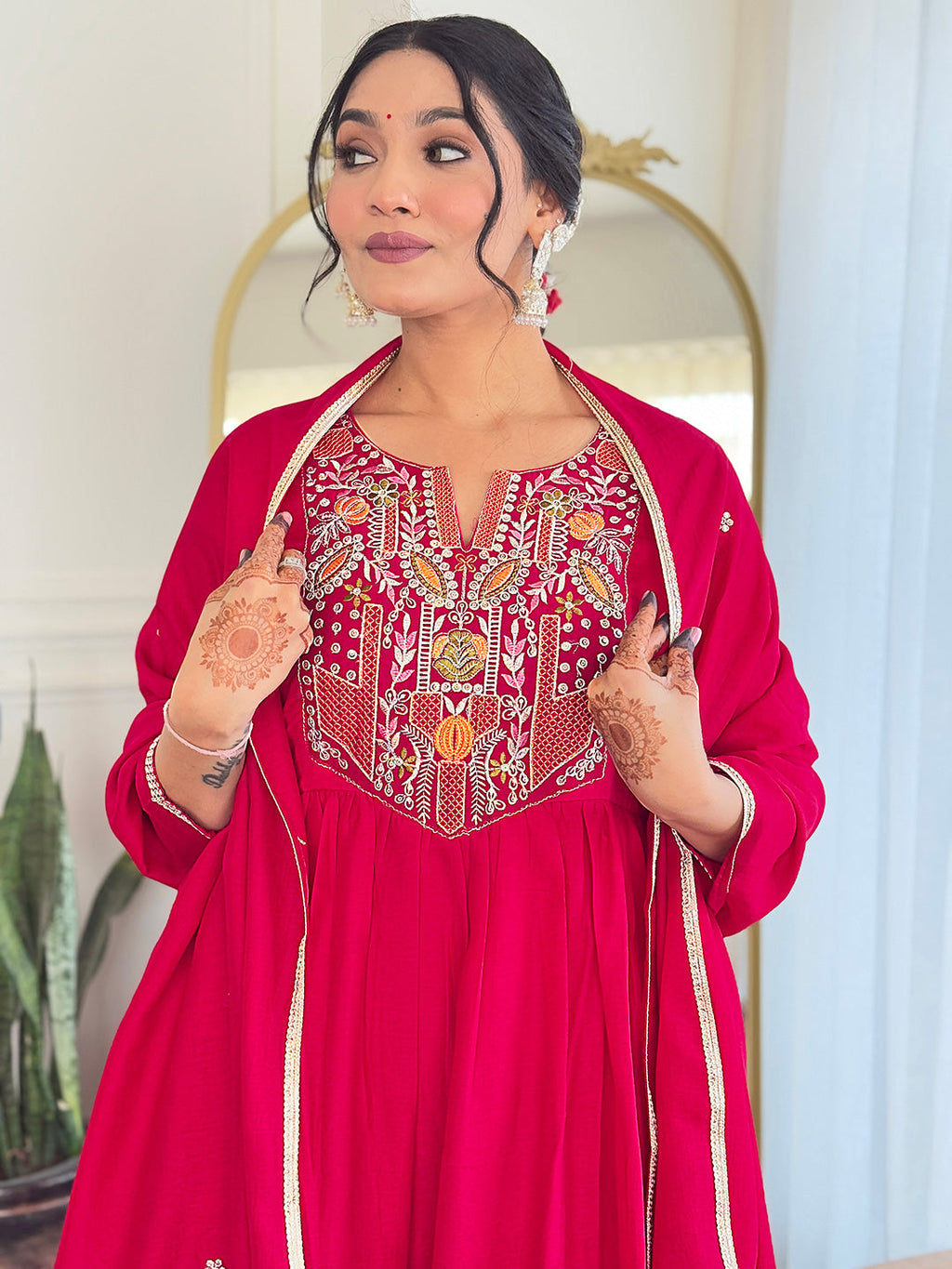 The52 Women's Red Thread work Vichitra Silk Fabric Straight Kurta, Pant and Dupatta Set - Distacart
