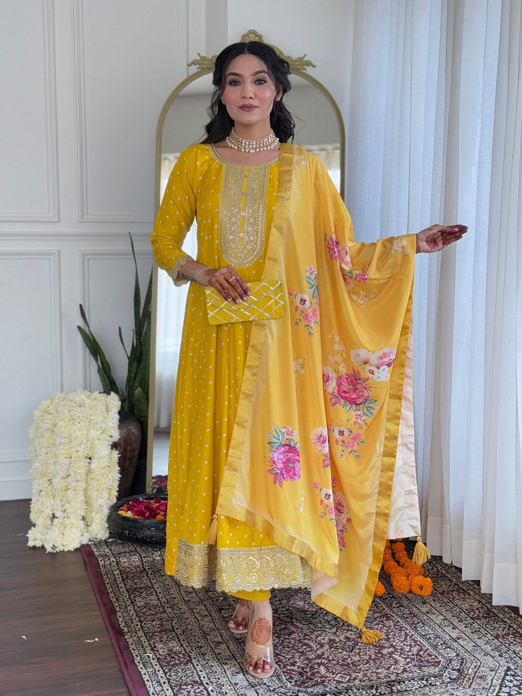 The52 Women's Beautiful Art Silk Embroidered Flared Kurta with Pant And Dupatta Set - Distacart