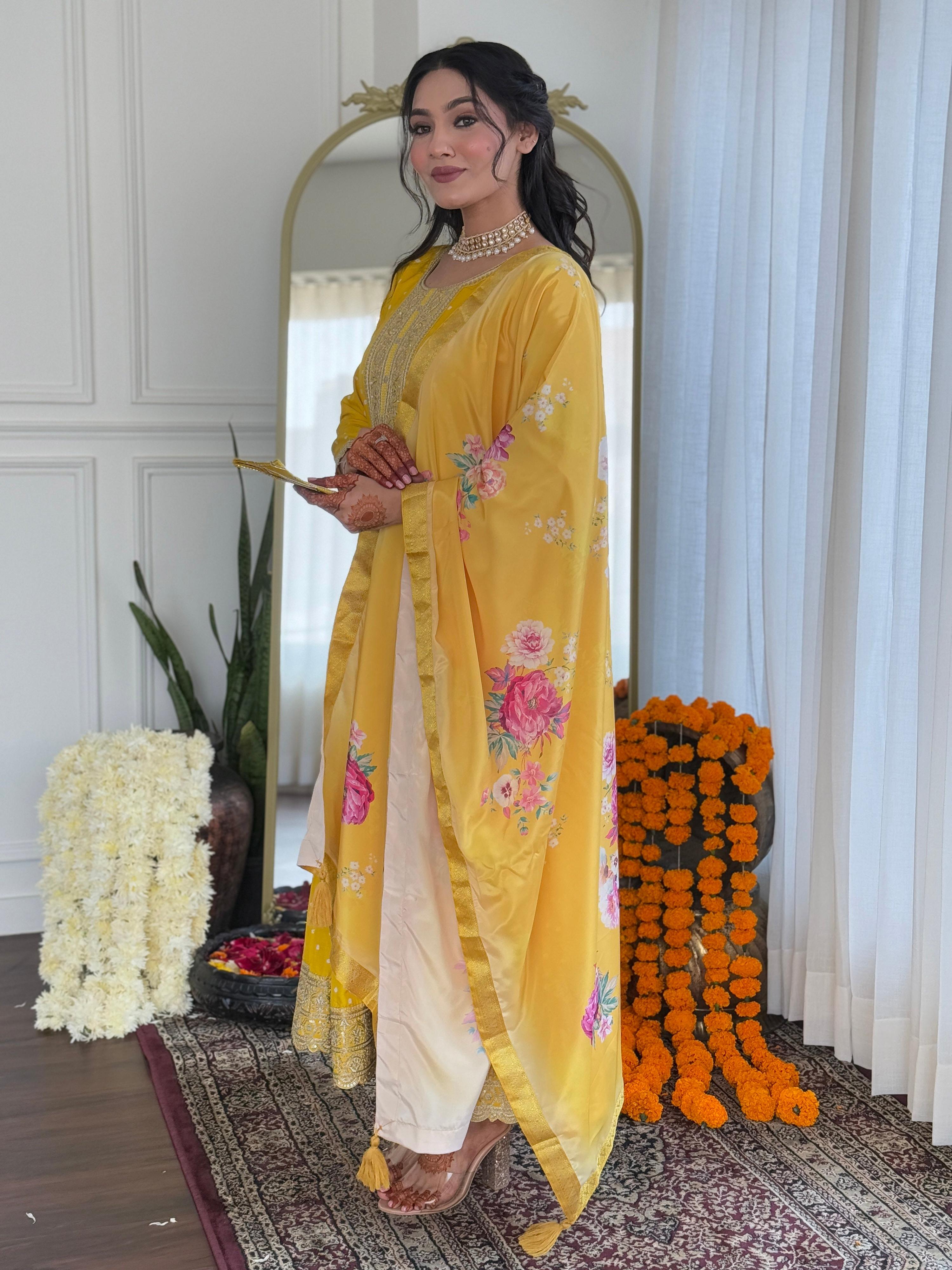 The52 Women's Beautiful Art Silk Embroidered Flared Kurta with Pant And Dupatta Set - Distacart