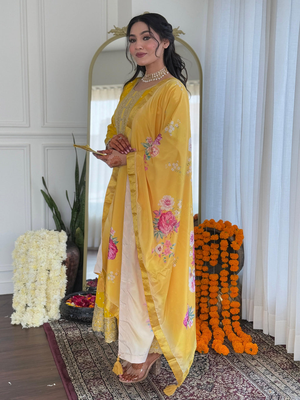 The52 Women's Beautiful Art Silk Embroidered Flared Kurta with Pant And Dupatta Set - Distacart