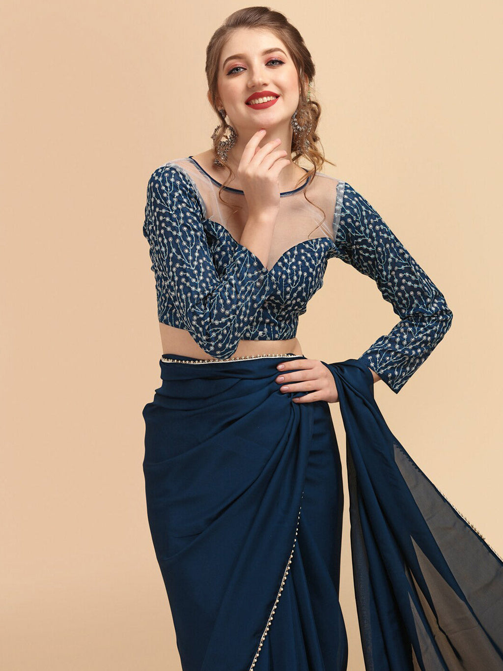 Sangria Satin Saree With Beads & Stones Embellished Border - Distacart