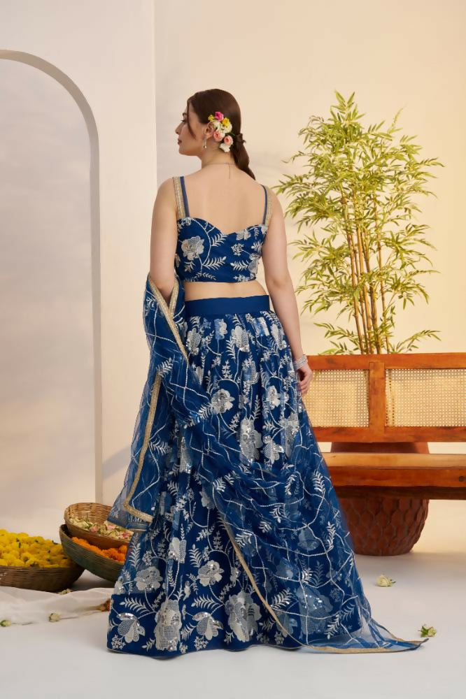 Aastha Fashion More Peach Blue Butterfly Net White Cotton Thread Work And Sequence Work Embroidery Wedding Wear Lehenga Choli