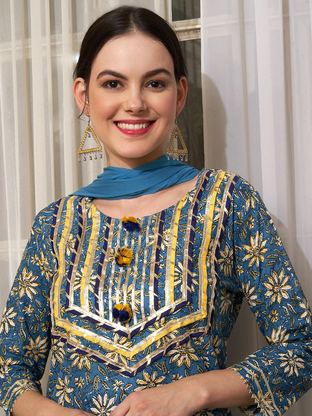 Sangria Blue Ethnic Motifs Printed Cotton Kurta with Trousers & Dupatta