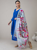 InWeave Ink Blue V Neck Flared Kurta Grey Dupatta Set