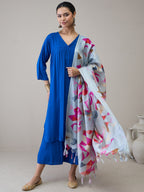 InWeave Ink Blue V Neck Flared Kurta Grey Dupatta Set