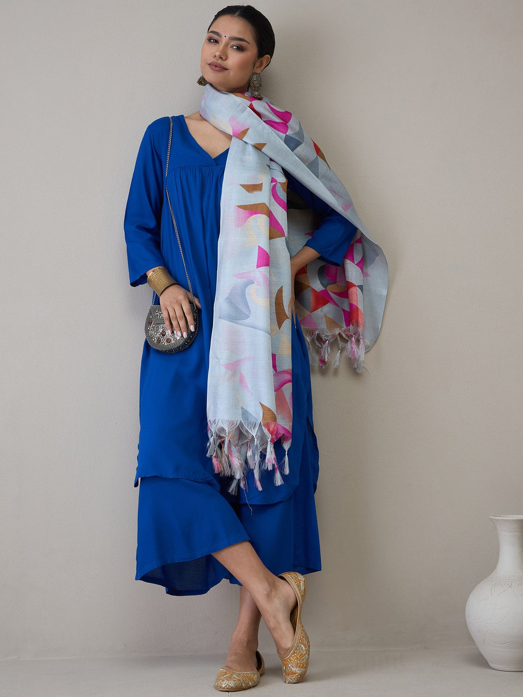InWeave Ink Blue V Neck Flared Kurta Grey Dupatta Set