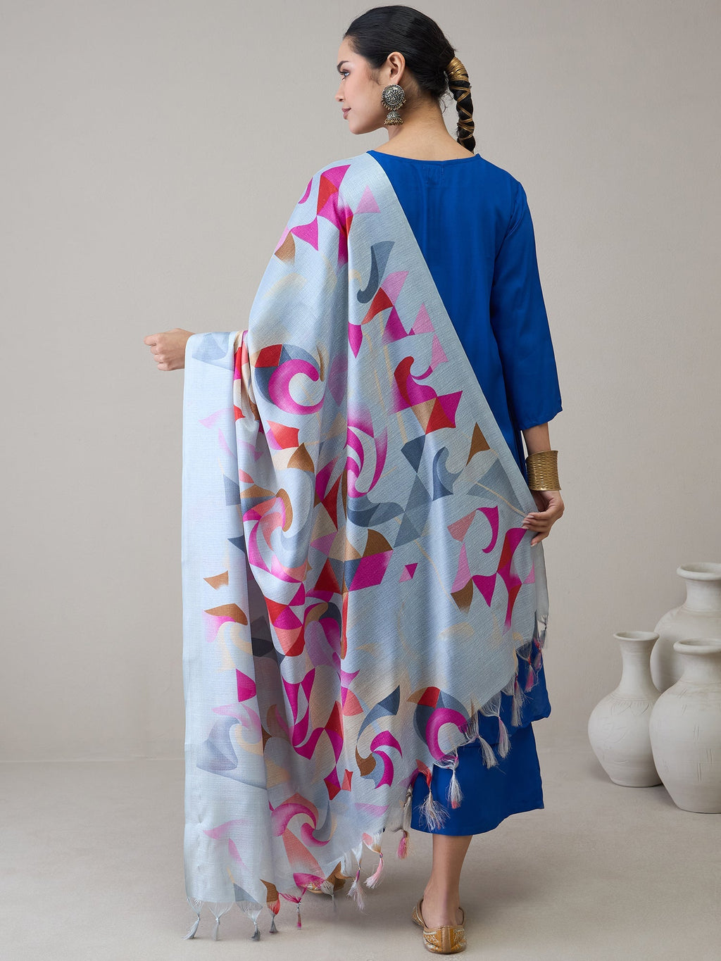 InWeave Ink Blue V Neck Flared Kurta Grey Dupatta Set