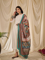 InWeave White Long Anarkali Rama Green Dupatta Set - Distacart