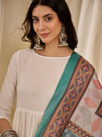 InWeave White Long Anarkali Rama Green Dupatta Set - Distacart