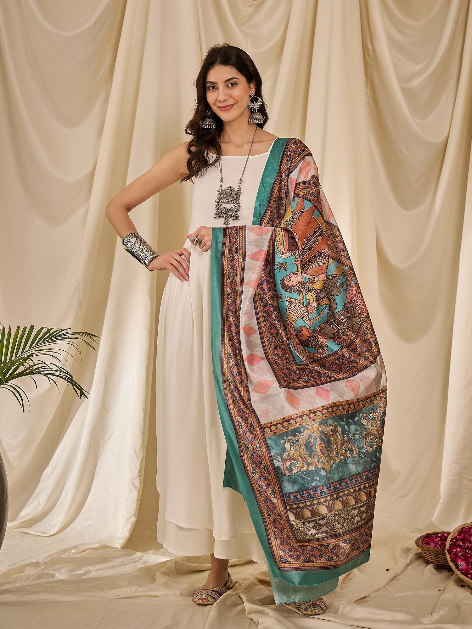 InWeave White Strappy Rama Green Dupatta Set