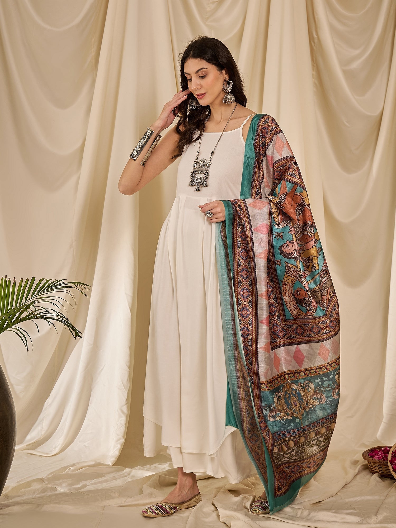 InWeave White Strappy Rama Green Dupatta Set