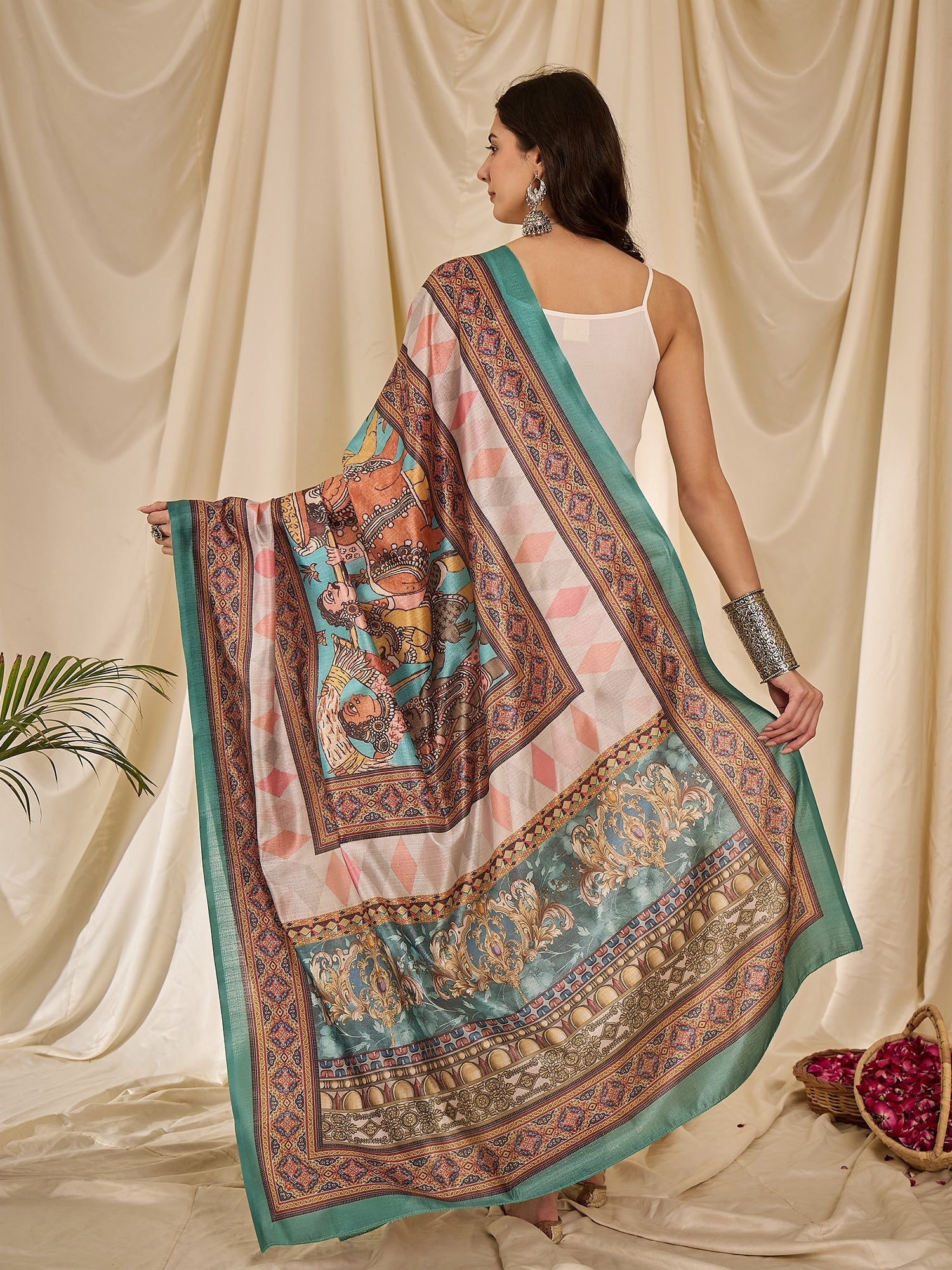 InWeave White Strappy Rama Green Dupatta Set
