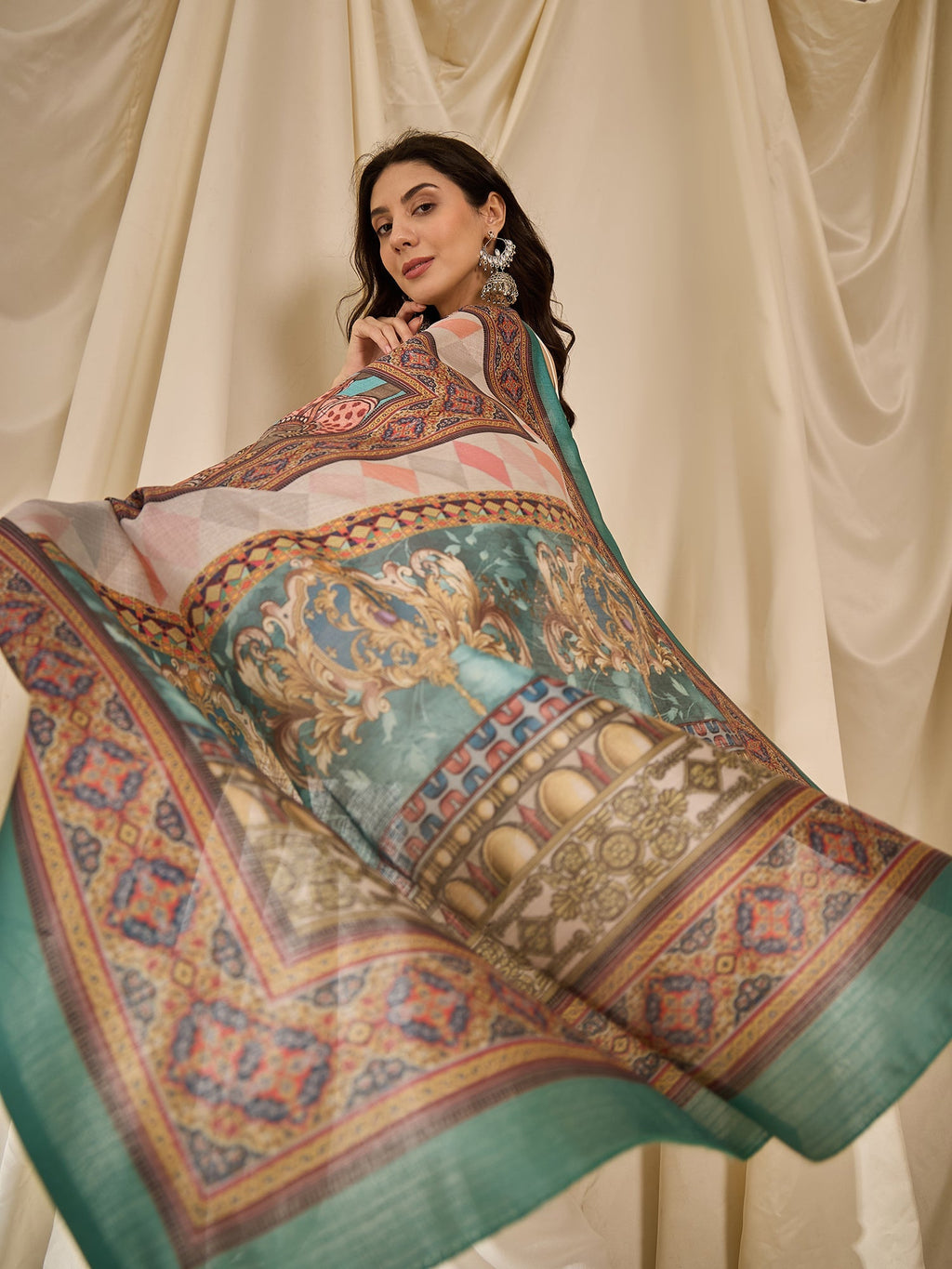 InWeave White Strappy Rama Green Dupatta Set
