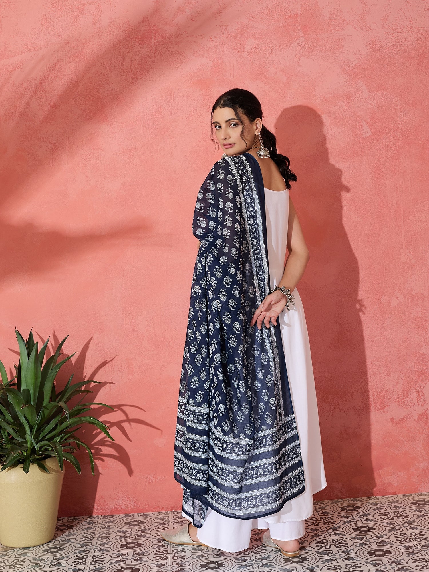 InWeave White Strappy Kurta Palazzo Set With Blue Floral Dupatta