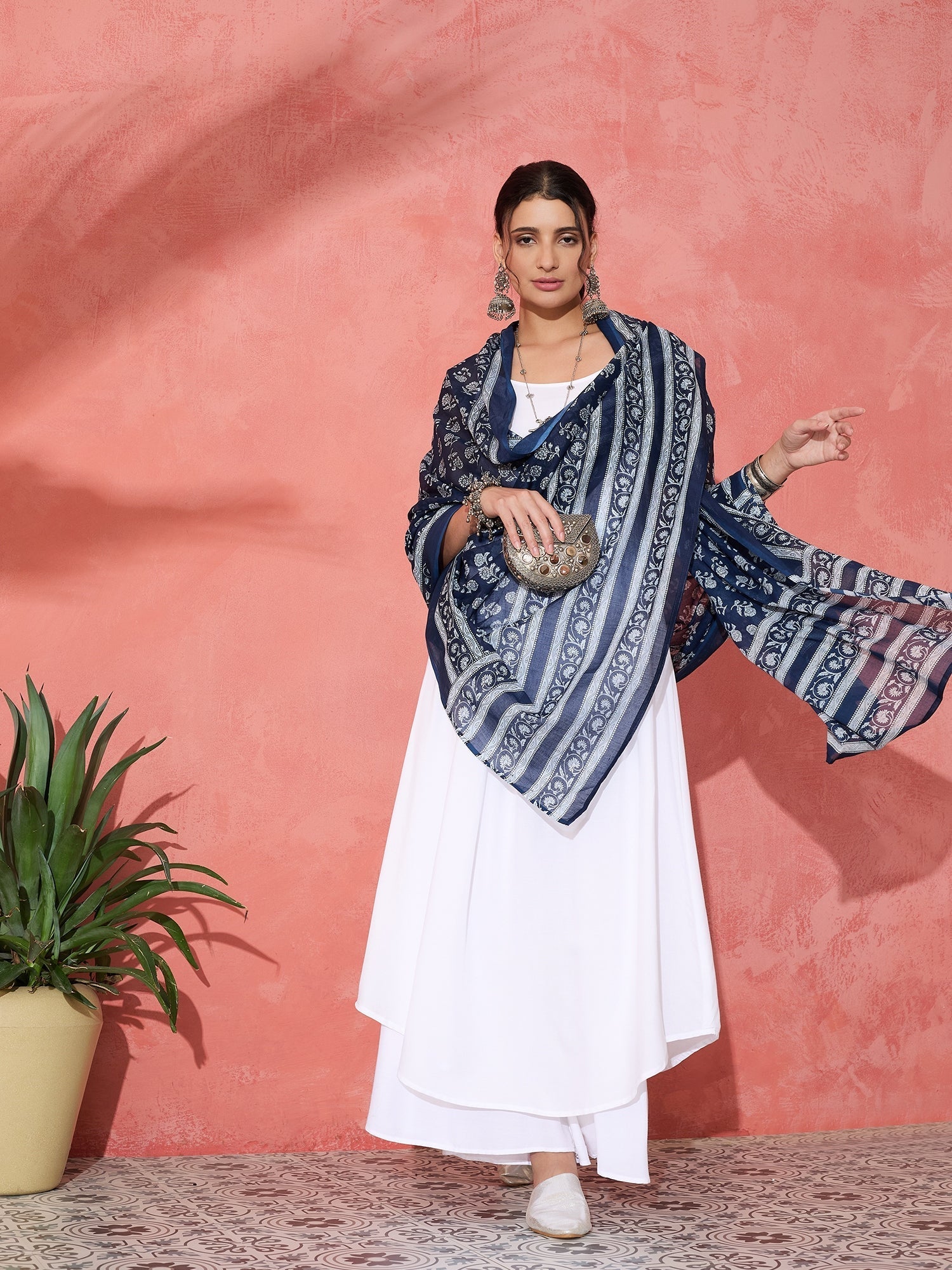 InWeave White Strappy Kurta Palazzo Set With Blue Floral Dupatta
