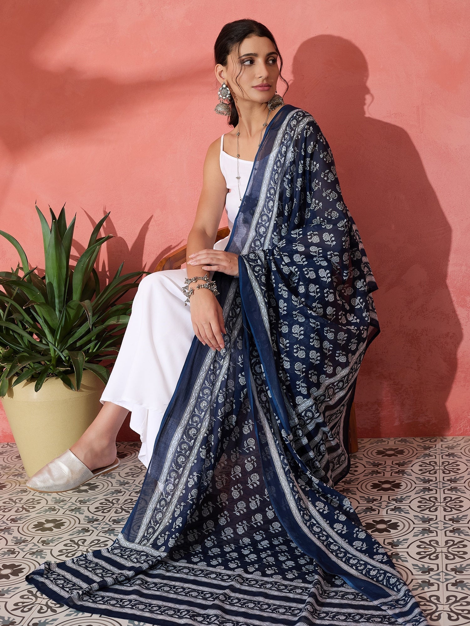 InWeave White Strappy Kurta Palazzo Set With Blue Floral Dupatta