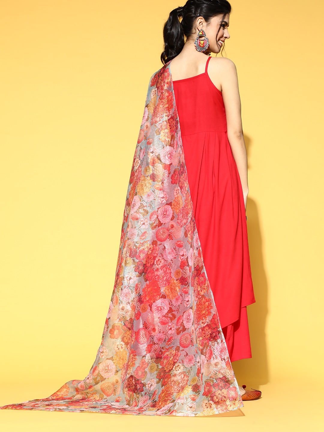 InWeave Strappy Set In Red With Organza Dupatta