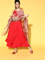 InWeave Strappy Set In Red With Organza Dupatta