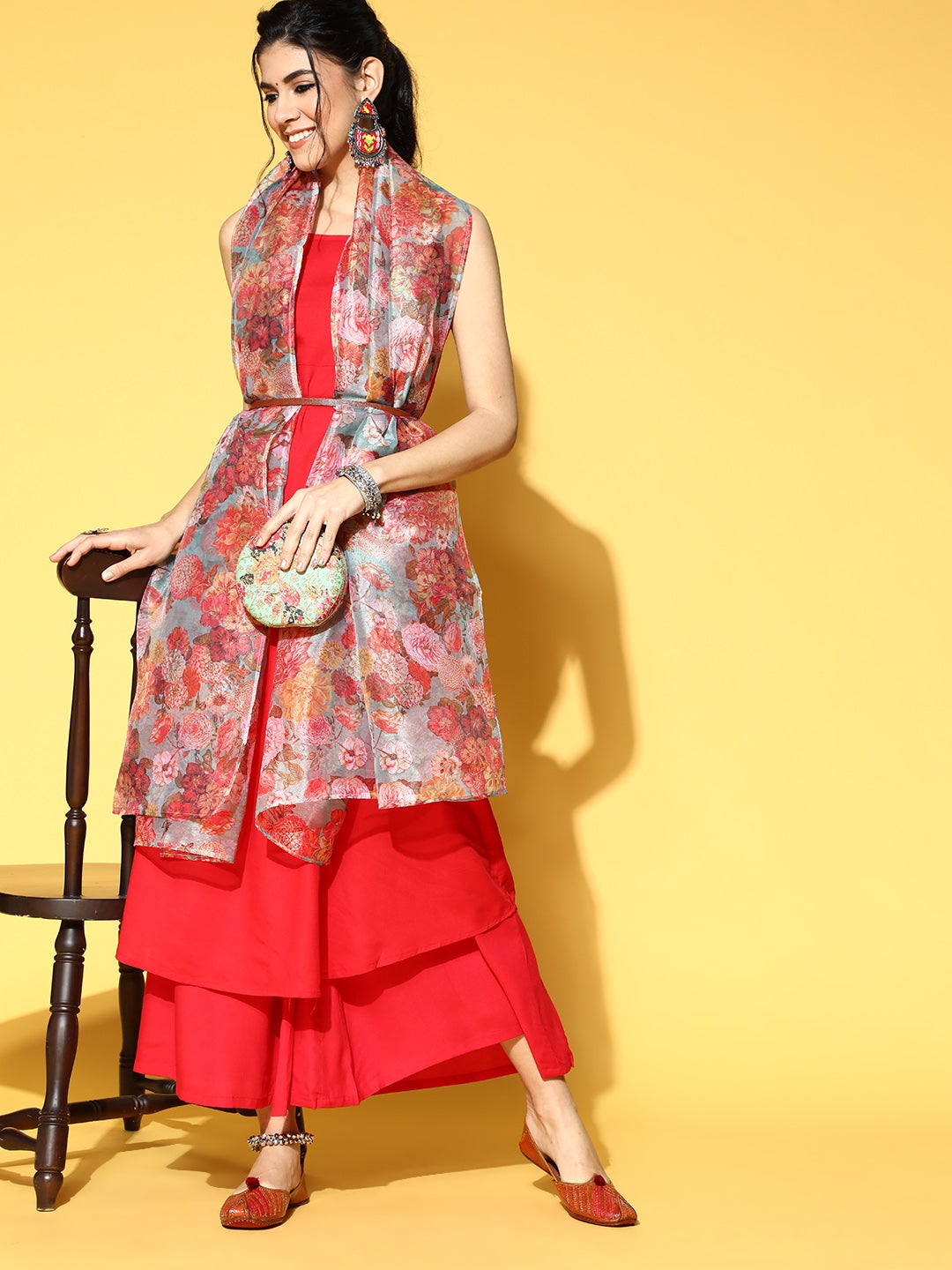 InWeave Strappy Set In Red With Organza Dupatta