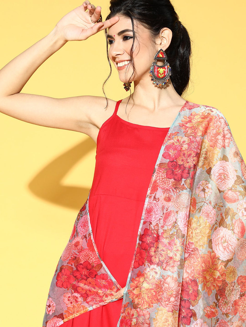 InWeave Strappy Set In Red With Organza Dupatta