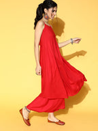 InWeave Strappy Set In Red With Organza Dupatta