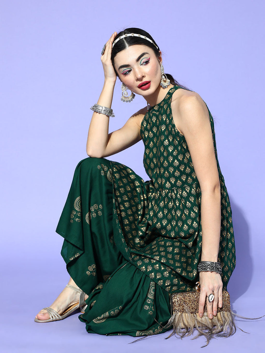 InWeave Green Gold Work Sharara Set - Distacart