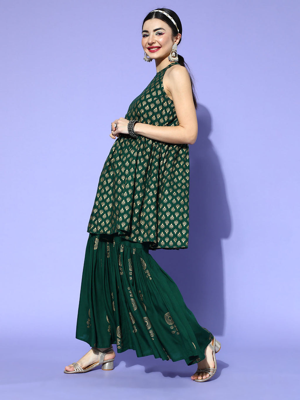 InWeave Green Gold Work Sharara Set - Distacart