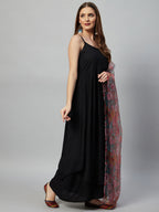 InWeave Black Strappy Set With Green Organza Dupatta