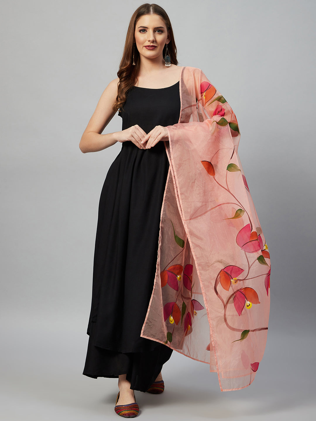 InWeave Black Strappy Set With Peach Hand Print Dupatta