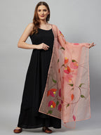 InWeave Black Strappy Set With Peach Hand Print Dupatta